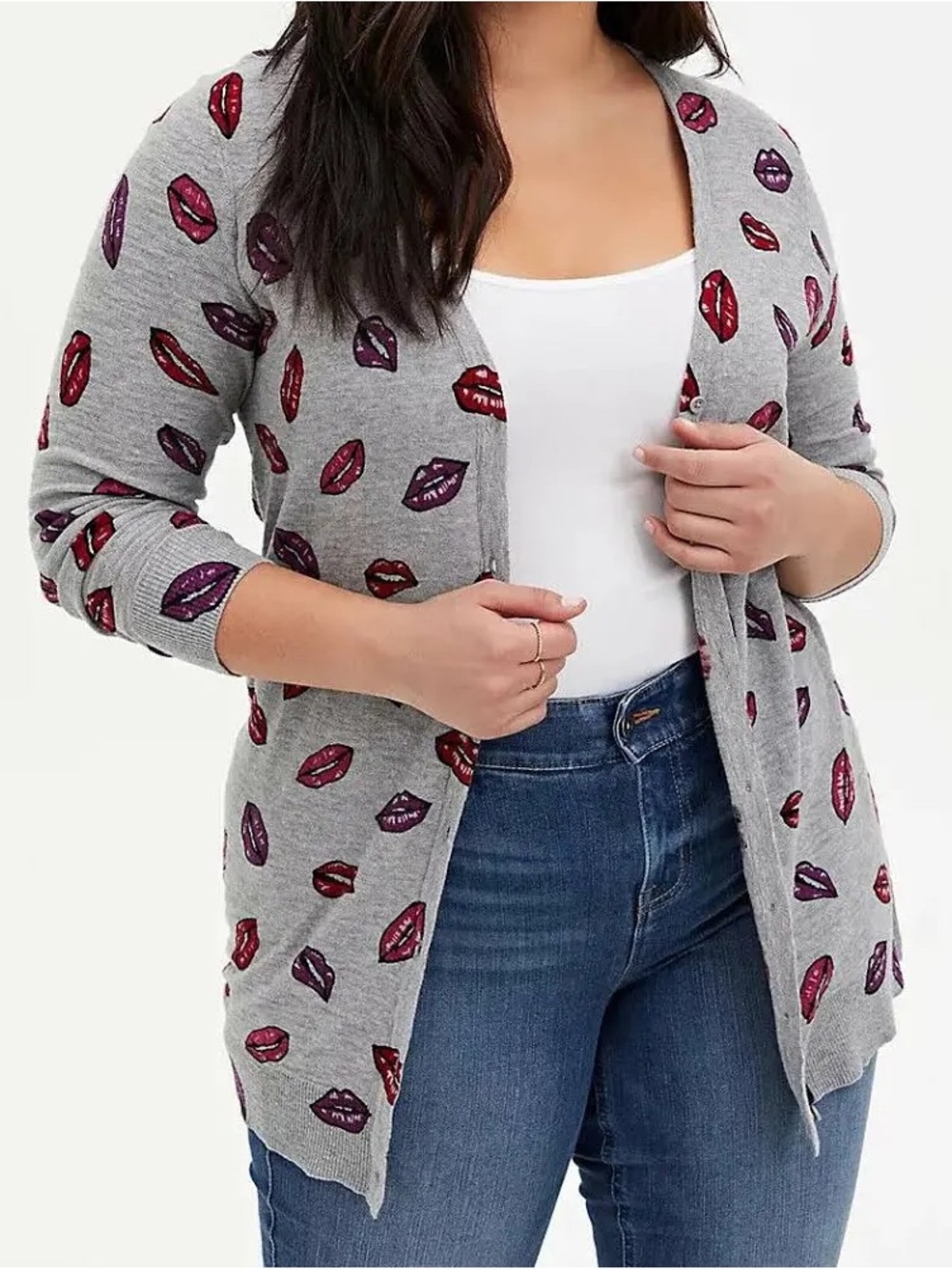 torrid Gray Button Up Cardigan with Red and Purple Lip Print